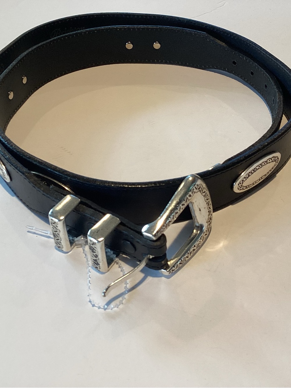 Brighton Black Leather Belt with Decorative Silver Buckle. Size 44